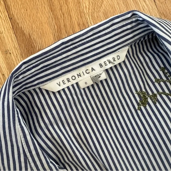 Veronica Beard Eunice Shirt Dress Blue White Stripe Floral Embroidery Sz 8 - Picture 4 of 5